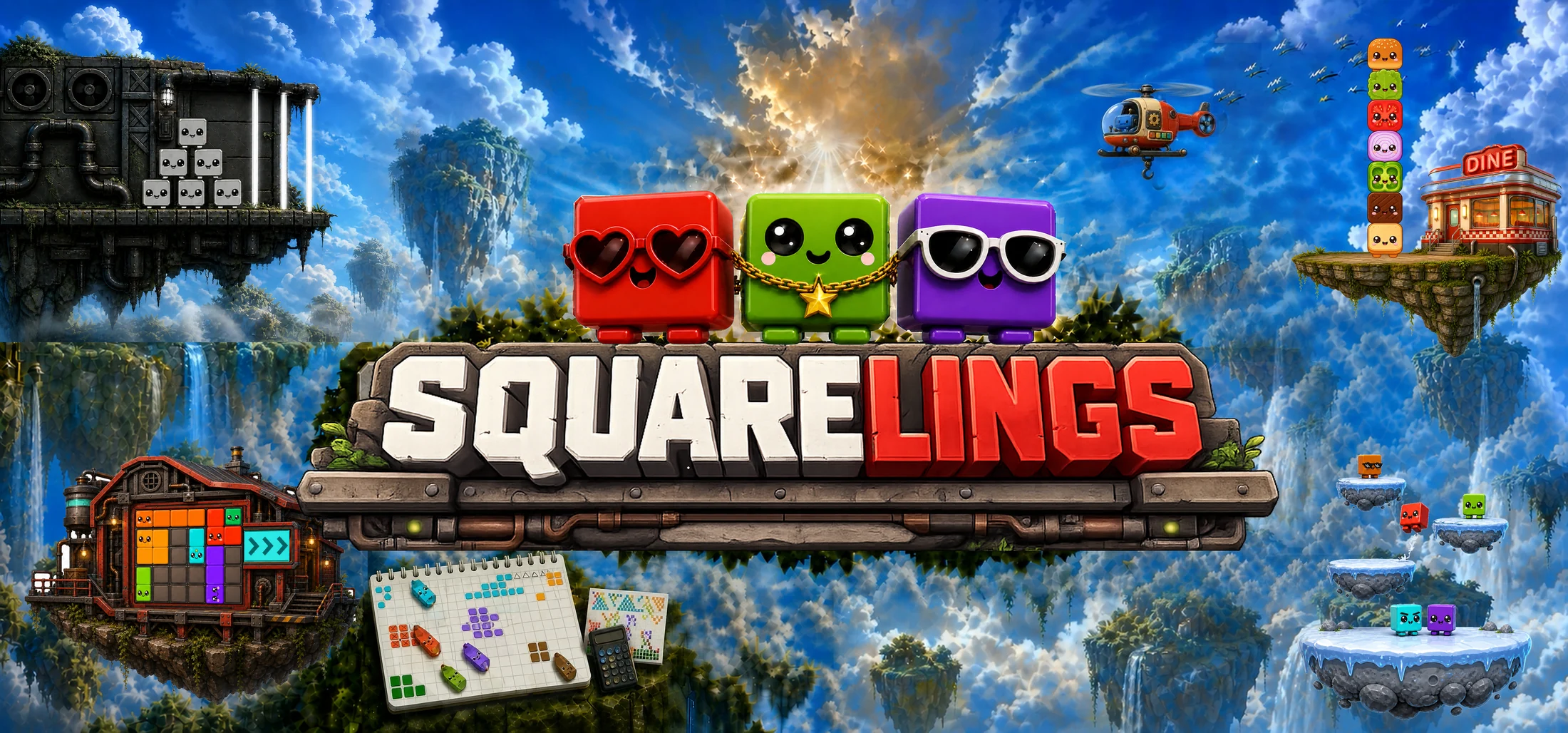 Squarelings: red, green, and purple characters above the centered game logo, surrounded by floating islands